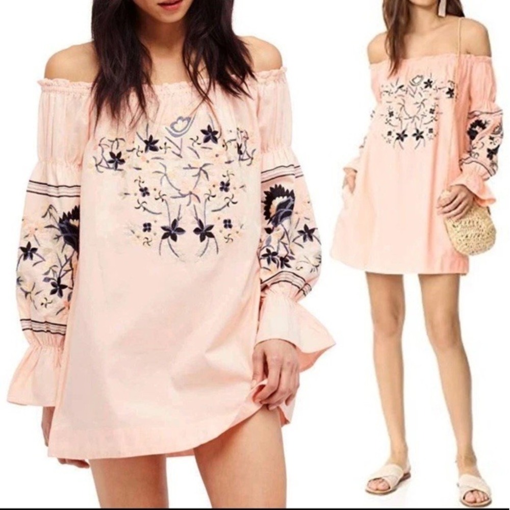 Free People Fleur Du Jour Off-The-Shoulder Pink Floral Embroidered Dress‎ S